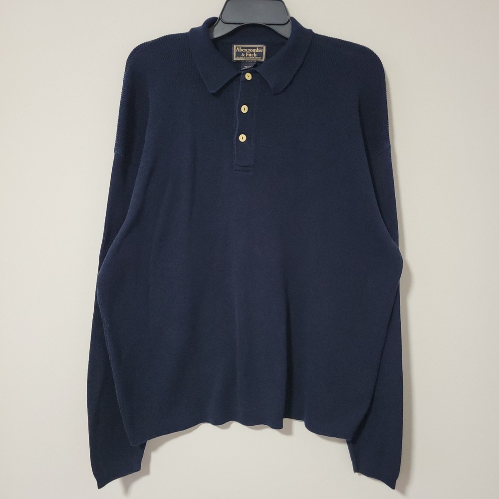 VTG Abercrombie & Fitch Waffle Knit Polo Shirt Mens L Navy Blue Made in USA 90s
